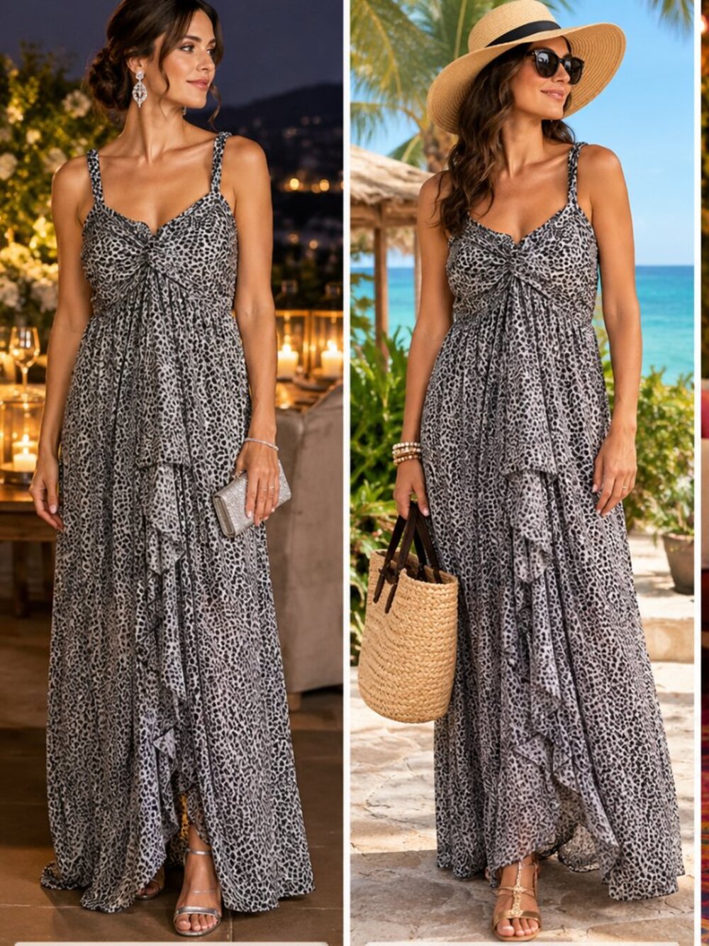 Lush Drapey Maxi Dress Sheer Lined Leopard Print w/ Wide Straps Sweetheart Neck